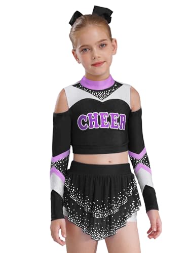 Miaeowve Kinder Mädchen Cheer Leader Kostüm Langarm Strass Glitzer Tanz Top CHEER Print Kurz Oberteil Mit Asymetrisch Tanzrock Für Fasching Karneval Schwarz 122-128 von Miaeowve