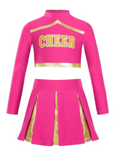 Miaeowve Kinder Mädchen Cheer Leader Kostüm Langarm Tanz Top Bauchfrei Oberteil Metallic Patchwork Rock A Linien Tanzrock Wettbewerb Tanzkostüm Hot Pink 134-140 von Miaeowve