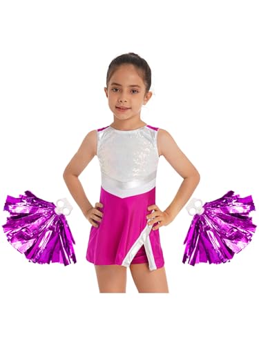 Miaeowve Kinder Mädchen Cheer Leader Kostüm Metallic Glitzer Sport Kleider Ärmellos Tanzkleid Mit Pom Poms Karneval Fasching Cosplay Verkleidung Rose 146-152 von Miaeowve