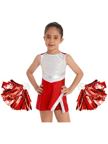 Miaeowve Kinder Mädchen Cheer Leader Kostüm Metallic Glitzer Sport Kleider Ärmellos Tanzkleid Mit Pom Poms Karneval Fasching Cosplay Verkleidung Rot 98-104 von Miaeowve