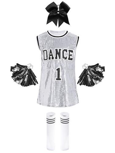 Miaeowve Kinder Mädchen Cheer Leader Kostüm Pailletten Glitzer Sportkleid DANCE 1 Print Tanzkleid Ärmellos Tshirt Mit Pompons Schleife Strümpfe Dancewear A Silber 146-152 von Miaeowve