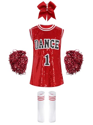 Miaeowve Kinder Mädchen Cheer Leader Kostüm Pailletten Glitzer Sportkleid DANCE 1 Print Tanzkleid Ärmellos Tshirt Mit Pompons Schleife Strümpfe Dancewear B Rot 110-116 von Miaeowve