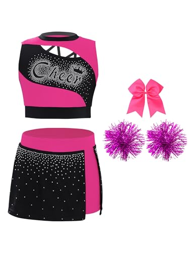 Miaeowve Kinder Mädchen Cheer Leader Kostüm Strass Glitzer Tanz Top Bauchfrei Oberteil Mit Patchwork Rock Schleife Stirnband Pompons Dancewear Hot Pink 134-140 Miaeowve Kinder Mädchen Cheer Leader Kostüm Strass Glitzer Tanz Top Bauchfrei Oberteil Mit Patchwork Rock Schleife Stirnband Pompons Dancewear Hot Pink 134-140 von Miaeowve