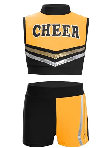 Miaeowve Kinder Mädchen Cheer Leader Outfit Bauchfrei Oberteil CHEER Print Tanz Top Farbblock Patchwork Shorts Dancewear Schwarz 110-116 Miaeowve Kinder Mädchen Cheer Leader Outfit Bauchfrei Oberteil CHEER Print Tanz Top Farbblock Patchwork Shorts Dancewear Schwarz 110-116 von Miaeowve