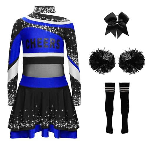 Miaeowve Kinder Mädchen Cheerleaderin Kleid Langarm Strass Glitzer Tanz Top Mit Rüschenrock Stirnband Pompons Strümpfe Tanzkleidung Set Blau Schwarz 110-116 Miaeowve Kinder Mädchen Cheerleaderin Kleid Langarm Strass Glitzer Tanz Top Mit Rüschenrock Stirnband Pompons Strümpfe Tanzkleidung Set Blau Schwarz 110-116 von Miaeowve