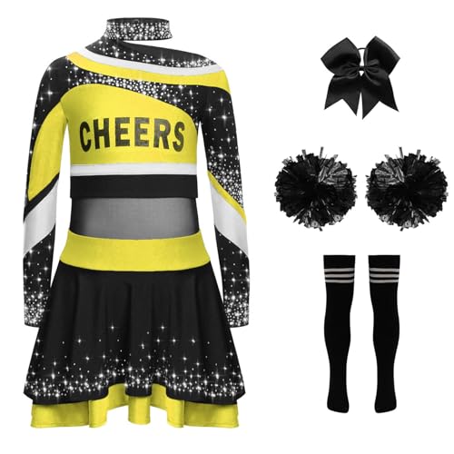 Miaeowve Kinder Mädchen Cheerleaderin Kleid Langarm Strass Glitzer Tanz Top Mit Rüschenrock Stirnband Pompons Strümpfe Tanzkleidung Set Gelb Schwarz 170 Miaeowve Kinder Mädchen Cheerleaderin Kleid Langarm Strass Glitzer Tanz Top Mit Rüschenrock Stirnband Pompons Strümpfe Tanzkleidung Set Gelb Schwarz 170 von Miaeowve