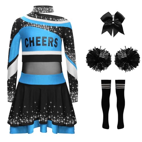 Miaeowve Kinder Mädchen Cheerleaderin Kleid Langarm Strass Glitzer Tanz Top Mit Rüschenrock Stirnband Pompons Strümpfe Tanzkleidung Set Hellblau Schwarz 146-152 Miaeowve Kinder Mädchen Cheerleaderin Kleid Langarm Strass Glitzer Tanz Top Mit Rüschenrock Stirnband Pompons Strümpfe Tanzkleidung Set Hellblau Schwarz 146-152 von Miaeowve