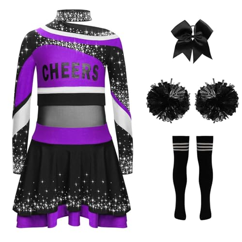 Miaeowve Kinder Mädchen Cheerleaderin Kleid Langarm Strass Glitzer Tanz Top Mit Rüschenrock Stirnband Pompons Strümpfe Tanzkleidung Set Lila Schwarz 134-140 Miaeowve Kinder Mädchen Cheerleaderin Kleid Langarm Strass Glitzer Tanz Top Mit Rüschenrock Stirnband Pompons Strümpfe Tanzkleidung Set Lila Schwarz 134-140 von Miaeowve