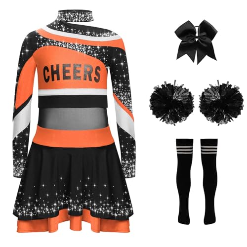 Miaeowve Kinder Mädchen Cheerleaderin Kleid Langarm Strass Glitzer Tanz Top Mit Rüschenrock Stirnband Pompons Strümpfe Tanzkleidung Set Orange Schwarz 158-164 Miaeowve Kinder Mädchen Cheerleaderin Kleid Langarm Strass Glitzer Tanz Top Mit Rüschenrock Stirnband Pompons Strümpfe Tanzkleidung Set Orange Schwarz 158-164 von Miaeowve