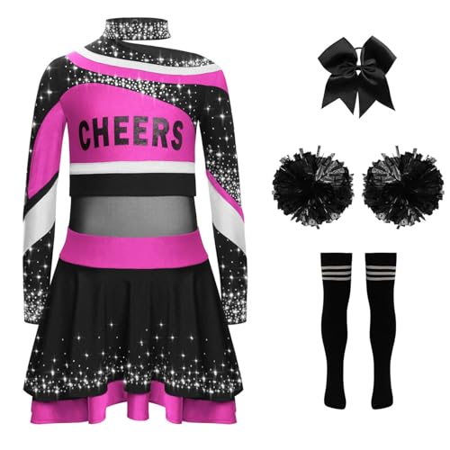 Miaeowve Kinder Mädchen Cheerleaderin Kleid Langarm Strass Glitzer Tanz Top Mit Rüschenrock Stirnband Pompons Strümpfe Tanzkleidung Set Pink Schwarz 122-128 Miaeowve Kinder Mädchen Cheerleaderin Kleid Langarm Strass Glitzer Tanz Top Mit Rüschenrock Stirnband Pompons Strümpfe Tanzkleidung Set Pink Schwarz 122-128 von Miaeowve
