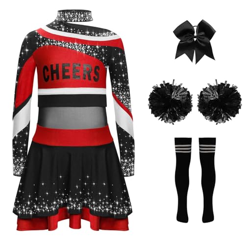 Miaeowve Kinder Mädchen Cheerleaderin Kleid Langarm Strass Glitzer Tanz Top Mit Rüschenrock Stirnband Pompons Strümpfe Tanzkleidung Set rot schwarz 110-116 Miaeowve Kinder Mädchen Cheerleaderin Kleid Langarm Strass Glitzer Tanz Top Mit Rüschenrock Stirnband Pompons Strümpfe Tanzkleidung Set rot schwarz 110-116 von Miaeowve