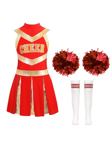 Miaeowve Kinder Mädchen Cheerleading Training Outfit Metallic Patchwork Tanzkleid Ärmellos CHEER Print Sportkleid Mit Pompons Streifen Strümpfe Sportswear A Rot 134-140 von Miaeowve