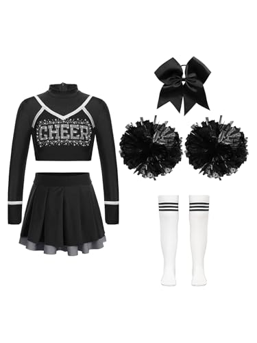 Miaeowve Kinder Mädchen Cheerleading Uniform Kleid Langarm Tanz Top Bauchfrei Shirt Mit Tanzrock Pompons Haarband Strümpfe Dancewear Schwarz 170 von Miaeowve