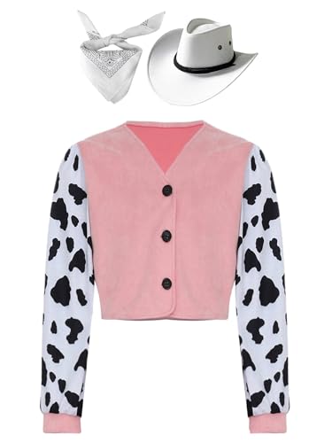 Miaeowve Kinder Mädchen Cowboy Jacke Langarm Kuhmuster Patchwork Mantel V-Ausschnitt Sweatjacke Kurzjacke Mit Bandana Kopftuch Cowboyhut 3tlg Outfits Rosa 158-164 von Miaeowve