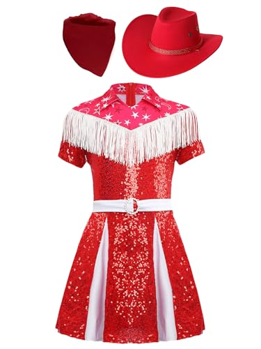 Miaeowve Kinder Mädchen Cowgirl Kostüm Pailletten Glitzer Sternemuster Kleid + Bandana Kopftuch + Westernhut 3tlg Hippie Disco Festival Outfit Rot 122-128 von Miaeowve