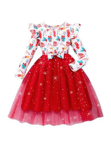 Miaeowve Kinder Mädchen Weihnachten Kleid Langarm Rüschen Partykleid Weihnachtsmotiv Winterkleid Mit Glitzer Sterne Tüllrock Tutu Weihanchtsoutfit Rot 116-122 von Miaeowve