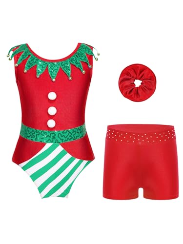 Miaeowve Kinder Mädchen Weihnachten Wichtel Kostüm Ärmellos Sportbody Pailletten Glitzer Tanztrikot Mit Shorts Haarband Wettbewerb Tanzkostüm Rot 146-152 von Miaeowve