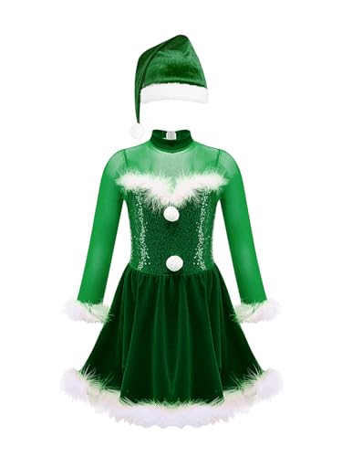 Miaeowve Kinder Mädchen Weihnachten Wichtel Kostüm Pailletten Glitzer Partykleid Langarm Samtkleid Federbesatz Weihnachtshut Weihnachtsoutfit Grün 170 von Miaeowve