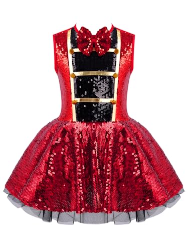 Miaeowve Kinder Mädchen Zirkus Kostüm Pailletten Akrobatik Kleid Ärmellos Partykleid A Linien Tutu Mit Schleife Marching Band Uniform Kinderkostüm Rot 110-116 von Miaeowve