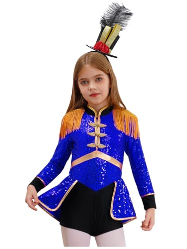 Miaeowve Kinder Mädchen Zirkus Kostüm Pailletten Tanzanzug Langarm Glitzer Tanzkleid Fransen Quasten Trikotanzug Mit Hut Faschingkostüm Königsblau A 110-116 von Miaeowve