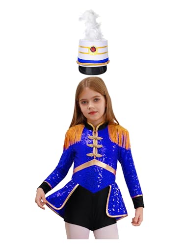 Miaeowve Kinder Mädchen Zirkus Kostüm Pailletten Tanzanzug Langarm Glitzer Tanzkleid Fransen Quasten Trikotanzug Mit Hut Faschingkostüm Königsblau B 110-116 von Miaeowve