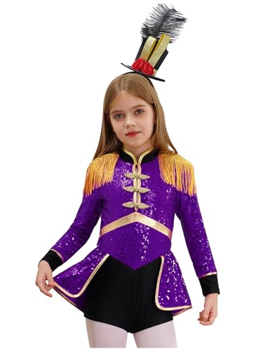 Miaeowve Kinder Mädchen Zirkus Kostüm Pailletten Tanzanzug Langarm Glitzer Tanzkleid Fransen Quasten Trikotanzug Mit Hut Faschingkostüm Lila A 110-116 von Miaeowve