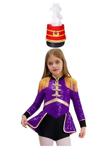 Miaeowve Kinder Mädchen Zirkus Kostüm Pailletten Tanzanzug Langarm Glitzer Tanzkleid Fransen Quasten Trikotanzug Mit Hut Faschingkostüm Lila B 110-116 von Miaeowve