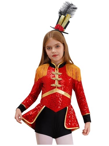 Miaeowve Kinder Mädchen Zirkus Kostüm Pailletten Tanzanzug Langarm Glitzer Tanzkleid Fransen Quasten Trikotanzug Mit Hut Faschingkostüm Rot A 110-116 von Miaeowve