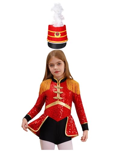 Miaeowve Kinder Mädchen Zirkus Kostüm Pailletten Tanzanzug Langarm Glitzer Tanzkleid Fransen Quasten Trikotanzug Mit Hut Faschingkostüm Rot B 110-116 von Miaeowve