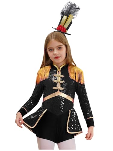 Miaeowve Kinder Mädchen Zirkus Kostüm Pailletten Tanzanzug Langarm Glitzer Tanzkleid Fransen Quasten Trikotanzug Mit Hut Faschingkostüm Schwarz A 110-116 von Miaeowve