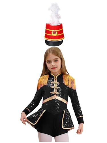 Miaeowve Kinder Mädchen Zirkus Kostüm Pailletten Tanzanzug Langarm Glitzer Tanzkleid Fransen Quasten Trikotanzug Mit Hut Faschingkostüm Schwarzes B 110-116 von Miaeowve