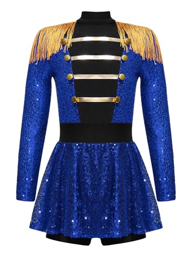 Miaeowve Kinder Mädchen Zirkus Kostüm Ringmaster Outfit Pailletten Glitzer Overall Langarm Quasten Jumpsuit Kurz Marching Band Uniform Blau 110-116 von Miaeowve