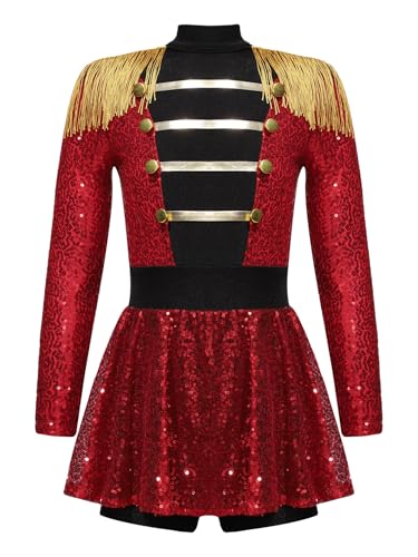 Miaeowve Kinder Mädchen Zirkus Kostüm Ringmaster Outfit Pailletten Glitzer Overall Langarm Quasten Jumpsuit Kurz Marching Band Uniform Rot 110-116 von Miaeowve