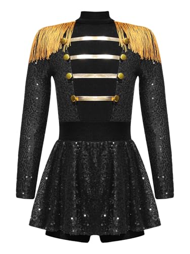 Miaeowve Kinder Mädchen Zirkus Kostüm Ringmaster Outfit Pailletten Glitzer Overall Langarm Quasten Jumpsuit Kurz Marching Band Uniform Schwarz 122-128 von Miaeowve