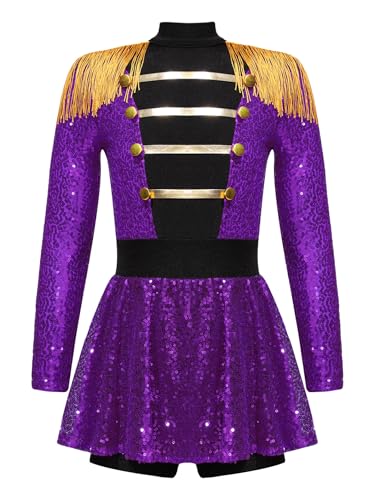 Miaeowve Kinder Mädchen Zirkus Kostüm Ringmaster Outfit Pailletten Glitzer Overall Langarm Quasten Jumpsuit Kurz Marching Band Uniform Violett 110-116 von Miaeowve