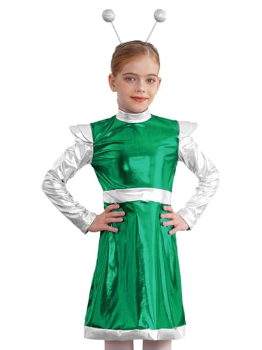 Miaeowve Mädchen Alien Kleid Kinder Metallic Glitzer Partykleid Festlich Langarm Rüschen Tanzkleid Patchwork Faltenkleid Mit Stirnband Cosplay Verkleidung Grün 122-128 von Miaeowve