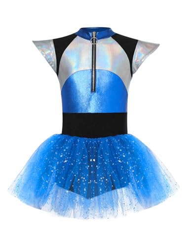 Miaeowve Mädchen Astronaut Kostüm Metallic Glitzer Ballettkleid Fliegend Ärmel Ballettanzug Mit Tüllrock Kinder Space Girl Kostüm Für Halloween Karneval Blau 122-128 von Miaeowve