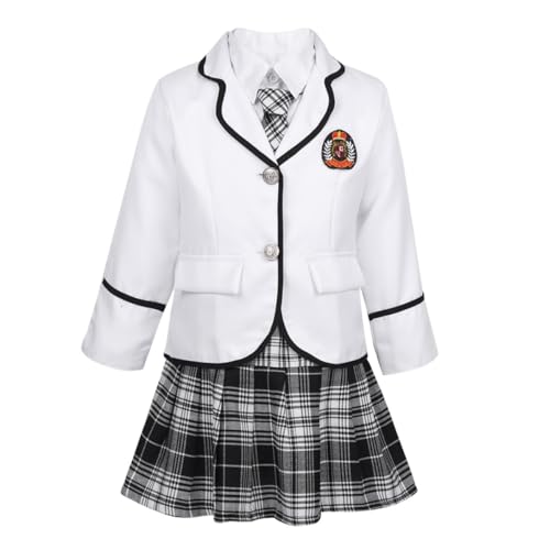 Miaeowve Mädchen Schuluniform Rock Anzug Langarm Schulhemd Mit Krawatte Reverskragen Jacke Kariert Rock 4tlg Japanische Uniform Cosplay Kostüm Weiß 140-152 von Miaeowve