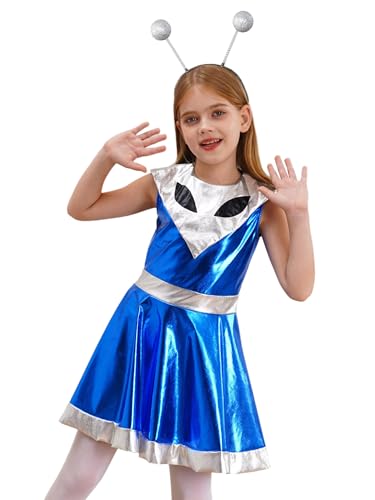 Miaeowve Metallic Anzug Kinder Mädchen Alien Kostüm Holographic Spacegirl Kleid Alien Augen Print Minikleid Mit Alien Haarreif Außerirdischer Kostüm Blau 122-128 von Miaeowve