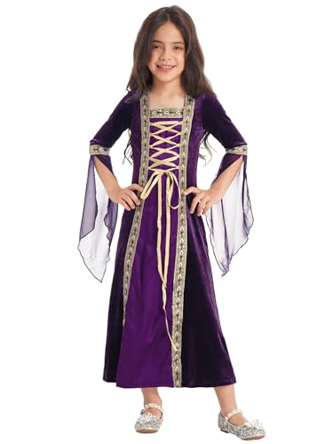 Miaeowve Mittelalter Kleid Kostüm Kinder Mädchen Mittelalterlich Renaissance Kleid Langarm Retro Viktorianischen Königin Partykleid Halloween Verkleidung Lila Schnür 110-116 von Miaeowve