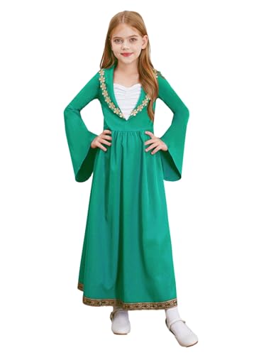 Miaeowve Mittelalter Königin Kostüm Kinder Mädchen Palast Adels Prinzessin Kleid Langarm Renaissance Partykleid A Linien Festlich Für Halloween Karneval Grün 122-128 von Miaeowve