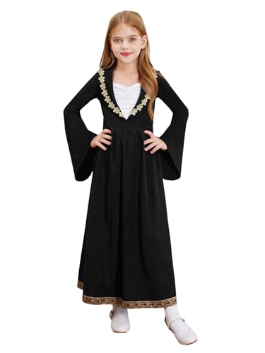 Miaeowve Mittelalter Königin Kostüm Kinder Mädchen Palast Adels Prinzessin Kleid Langarm Renaissance Partykleid A Linien Festlich Für Halloween Karneval Schwarz 134-140 von Miaeowve