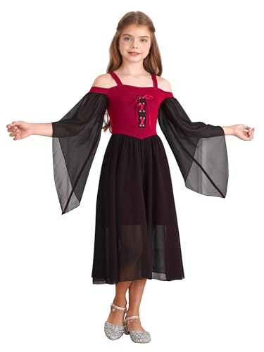 Miaeowve Renaissance Kleid Mädchen Viktorianisch Kostüm Kinder Trompetenärmel Partykleid Punk Gothic Hexenkleid Schulterfrei Gr. 98-170 Rot 98-104 von Miaeowve