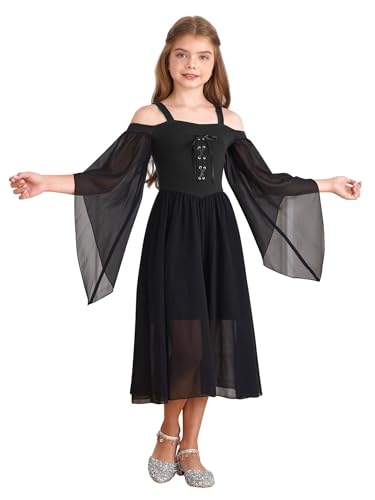 Miaeowve Renaissance Kleid Mädchen Viktorianisch Kostüm Kinder Trompetenärmel Partykleid Punk Gothic Hexenkleid Schulterfrei Gr. 98-170 Schwarz 134-140 von Miaeowve