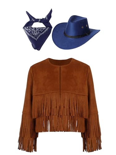 Miaeowve Western Outfit Kinder Junge Mädchen Langarm Fransenjacke + Cowboyhut + Bandana Halstuch Fasching Karneval Wild Western Sheriff Kostüm Braun und Blau 170 von Miaeowve