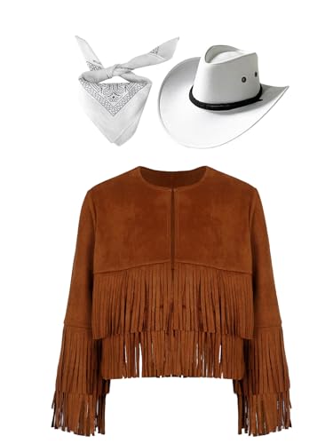 Miaeowve Western Outfit Kinder Junge Mädchen Langarm Fransenjacke + Cowboyhut + Bandana Halstuch Fasching Karneval Wild Western Sheriff Kostüm Braun weiß 110-116 von Miaeowve