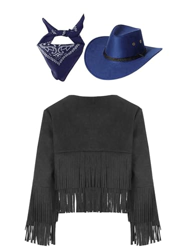 Miaeowve Western Outfit Kinder Junge Mädchen Langarm Fransenjacke + Cowboyhut + Bandana Halstuch Fasching Karneval Wild Western Sheriff Kostüm Schwarz Blau 170 von Miaeowve