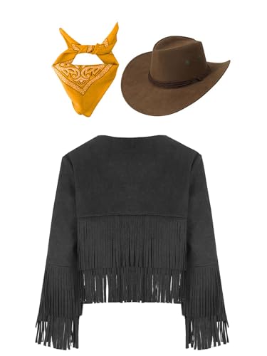 Miaeowve Western Outfit Kinder Junge Mädchen Langarm Fransenjacke + Cowboyhut + Bandana Halstuch Fasching Karneval Wild Western Sheriff Kostüm Schwarz Gelb 158-164 von Miaeowve