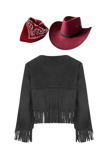 Miaeowve Western Outfit Kinder Junge Mädchen Langarm Fransenjacke + Cowboyhut + Bandana Halstuch Fasching Karneval Wild Western Sheriff Kostüm Schwarz Rot 110-116 von Miaeowve