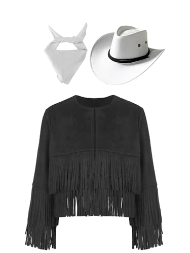 Miaeowve Western Outfit Kinder Junge Mädchen Langarm Fransenjacke + Cowboyhut + Bandana Halstuch Fasching Karneval Wild Western Sheriff Kostüm Schwarz-Weiss 158-164 von Miaeowve